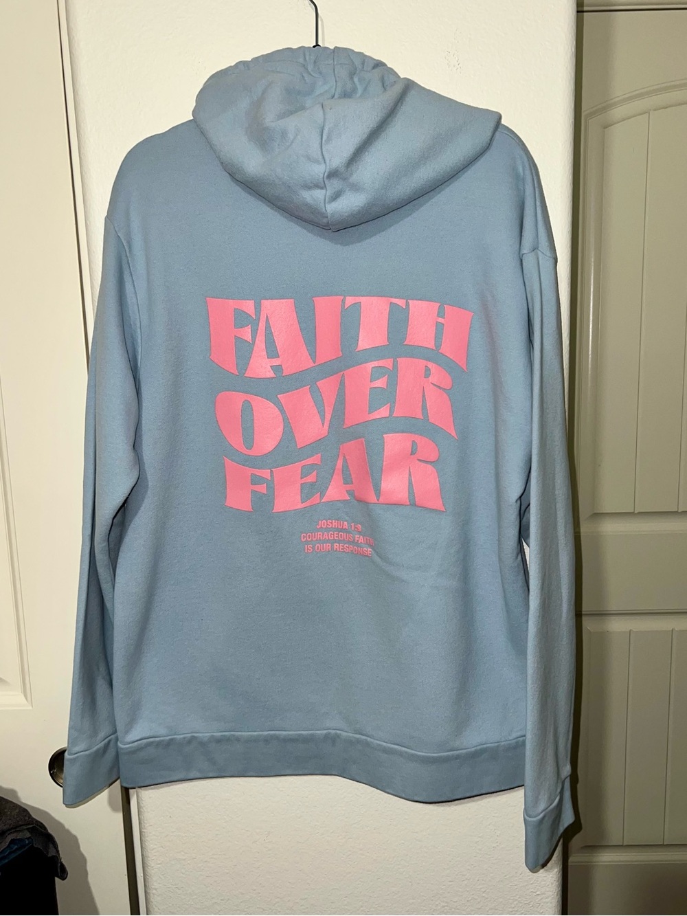 Next Level Apparel “Faith Over Fear” Light Blue Hoodie with Drawstring